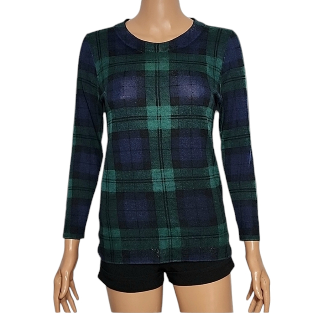 J.Crew Women’s 100% Merino Wool Sweater‎ Size S Plaid Green Blue long sleeve